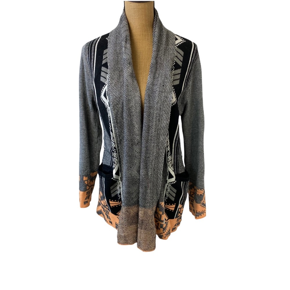 Anthropologie Konrad Joseph Intarsia Firelight Cardigan Black White Orange Sz S